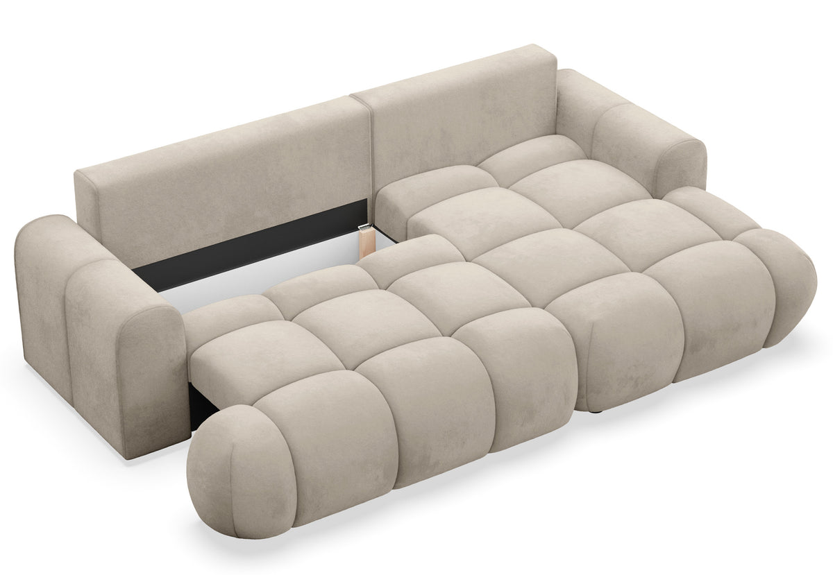 Canapé d'angle Ombo Mini en L, côté droit, avec fonction couchage et coffre de rangement, velours hydrofuge beige