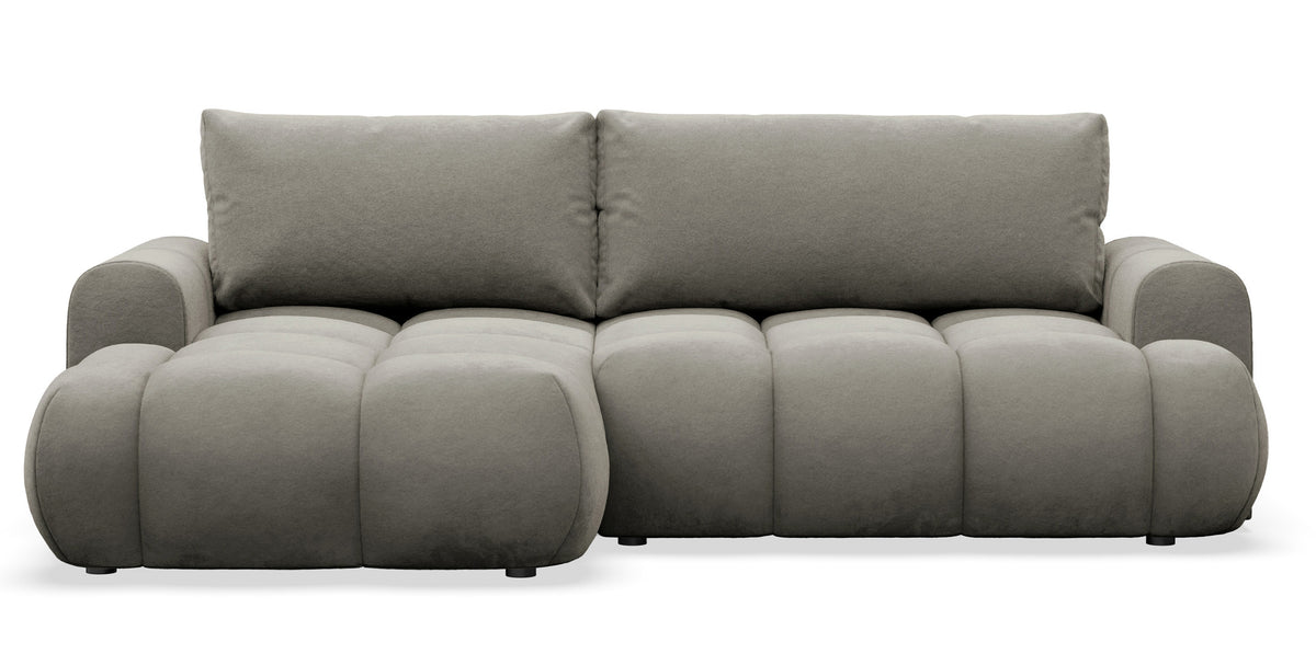 Canapé d'angle Ombo Mini en L, côté gauche, avec fonction couchage et coffre de rangement, velours hydrofuge gris-brun