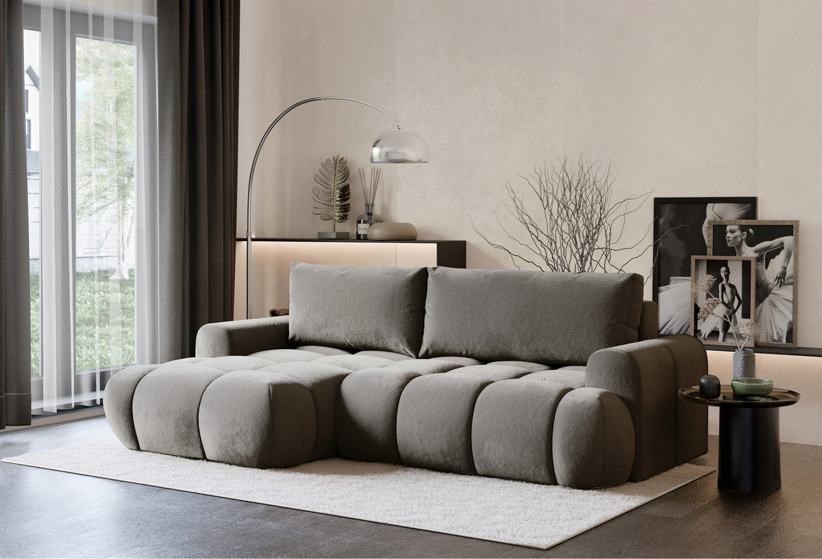 Canapé d'angle Ombo Mini en L, côté gauche, avec fonction couchage et coffre de rangement, velours hydrofuge gris-brun