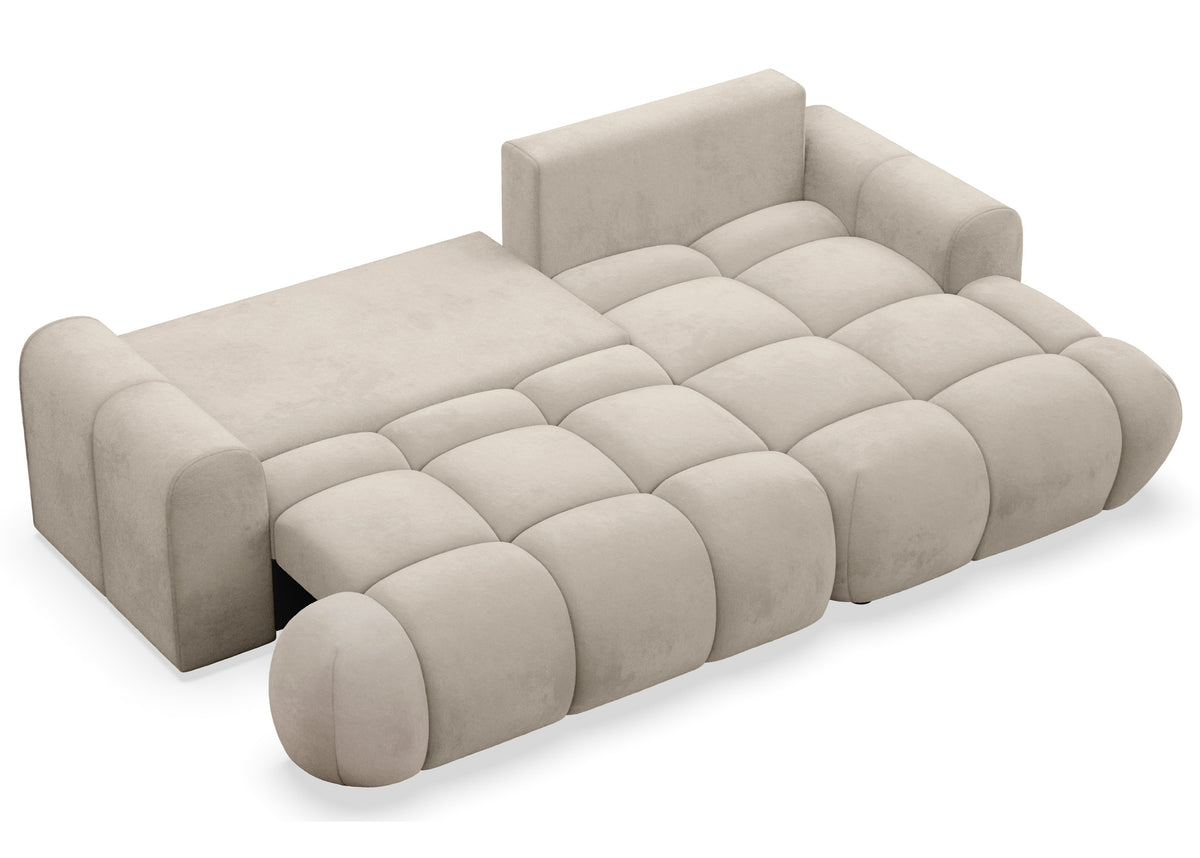 Canapé d'angle Ombo Mini en L, côté droit, avec fonction couchage et coffre de rangement, velours hydrofuge beige