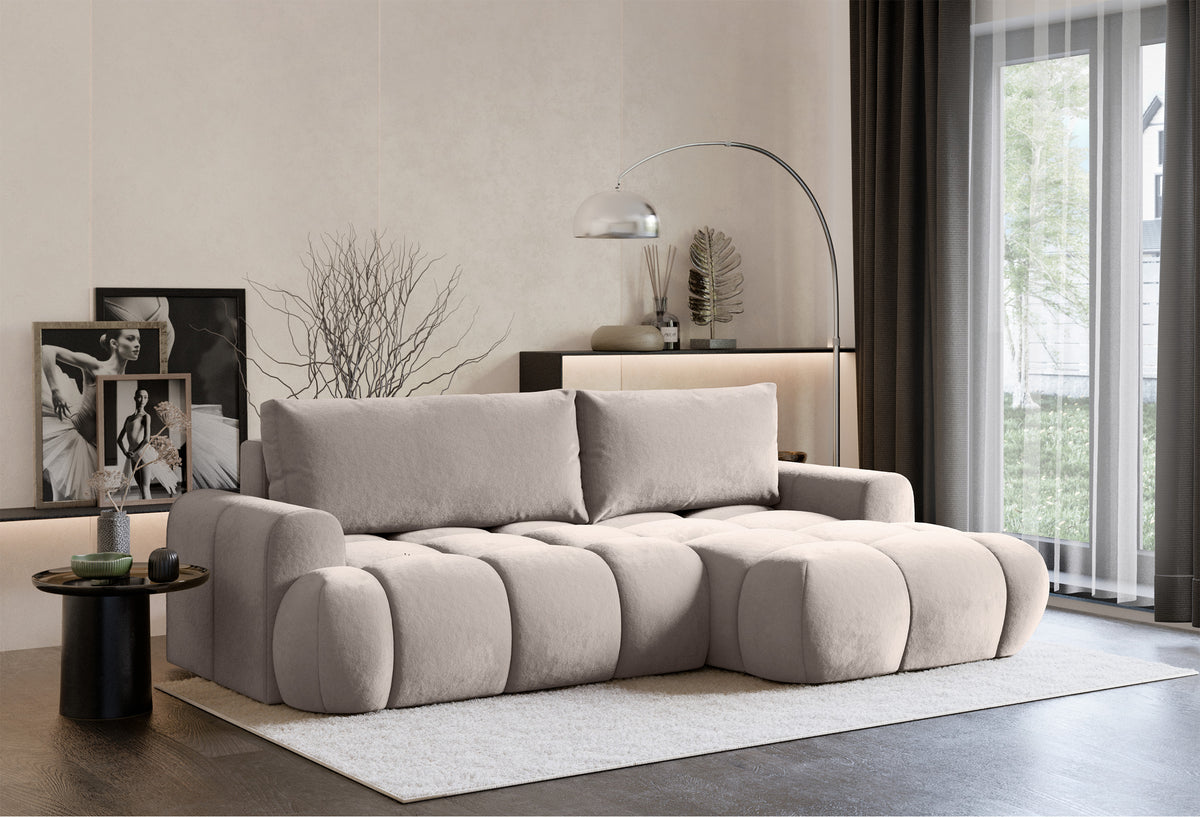 Ecksofa mit Schlaffunktion Ombo Mini, L-förmig, rechtsseitig, mit Stauraum, hellbeige-grauer, hydrophober Samtstoff