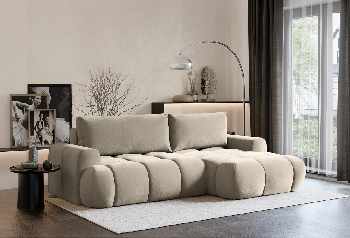 Canapé d'angle Ombo Mini en L, côté droit, avec fonction couchage et coffre de rangement, velours hydrofuge beige