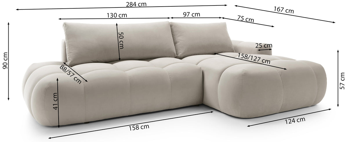 Ecksofa mit Schlaffunktion Ombo, L-förmig, mit Stauraum, kupferfarbener hydrophober Samt, rechtsseitig