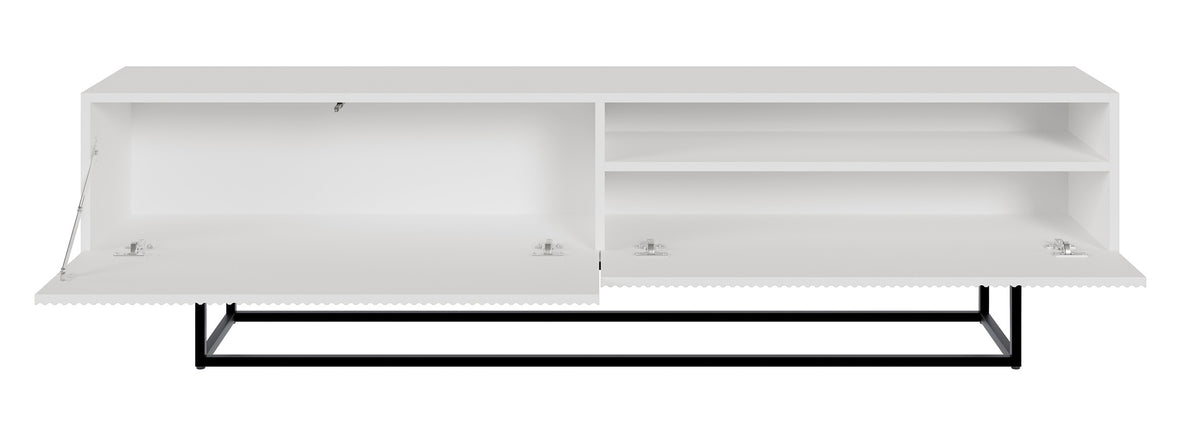 Meuble TV Veldio avec façade fraisée et niche 175 cm Blanc avec pieds noirs