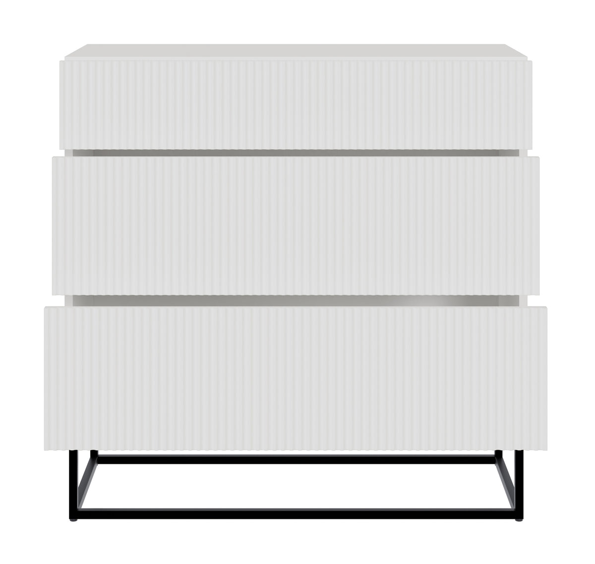 Commode Veldio avec façade rainurée et trois tiroirs 90 cm Blanche avec pieds noirs