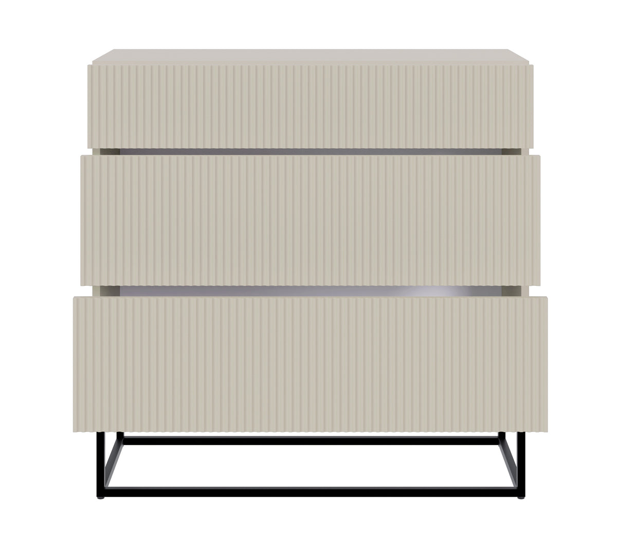 Kommode Veldio mit gefräster Front und drei Schubladen, 90 cm, grau-beige mit schwarzen Beinen