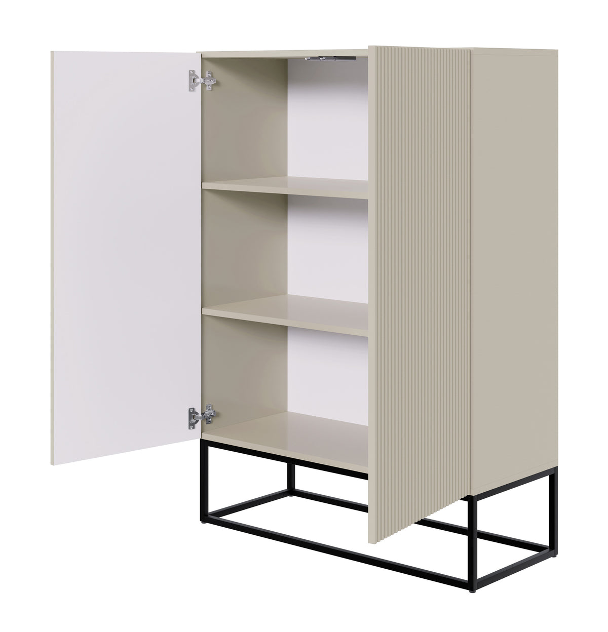 Commode 2 portes Veldio avec façade fraisée 90 cm Gris beige avec pieds noirs