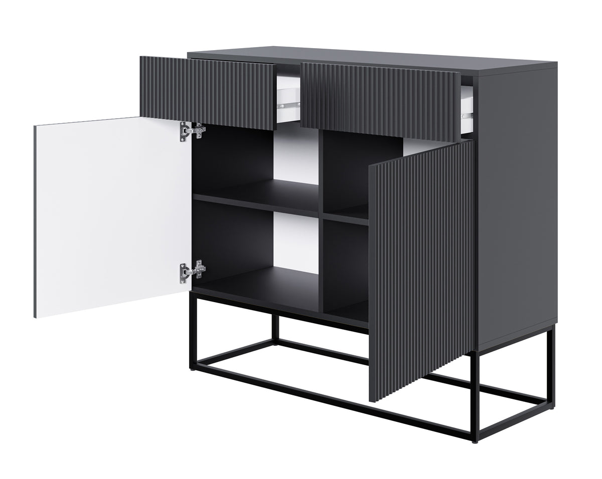Commode 2 portes Veldio avec façade fraisée et 2 tiroirs 100 cm Noir avec pieds noirs