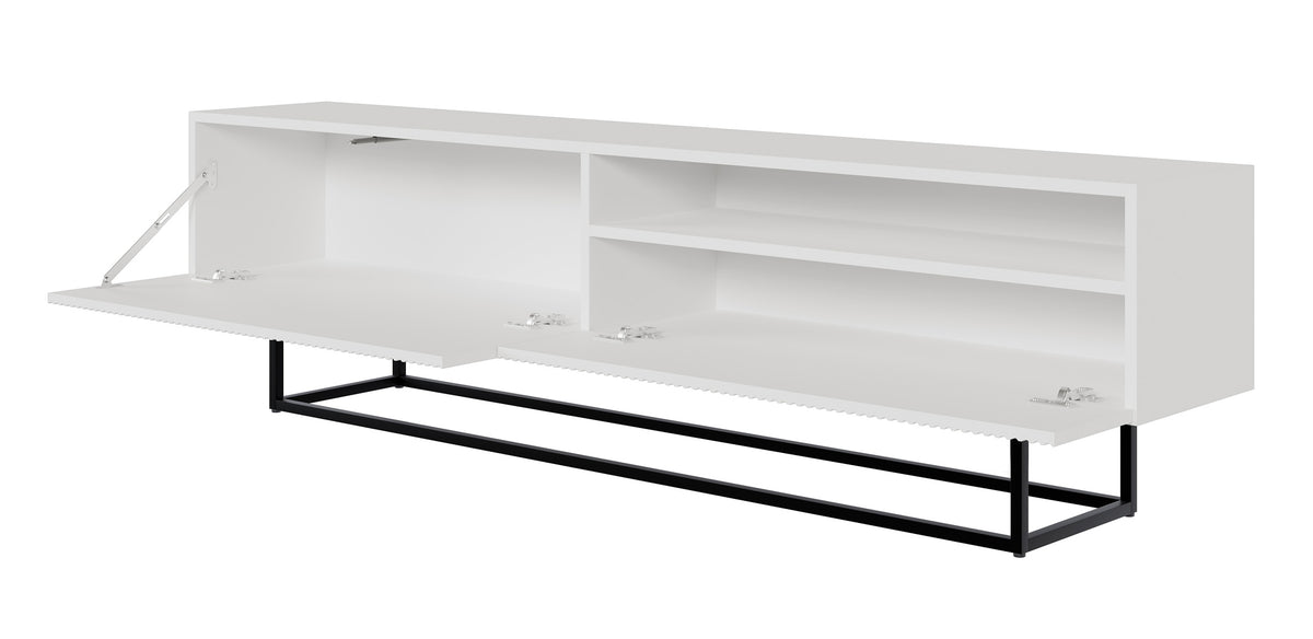 Meuble TV Veldio avec façade fraisée et niche 175 cm Blanc avec pieds noirs