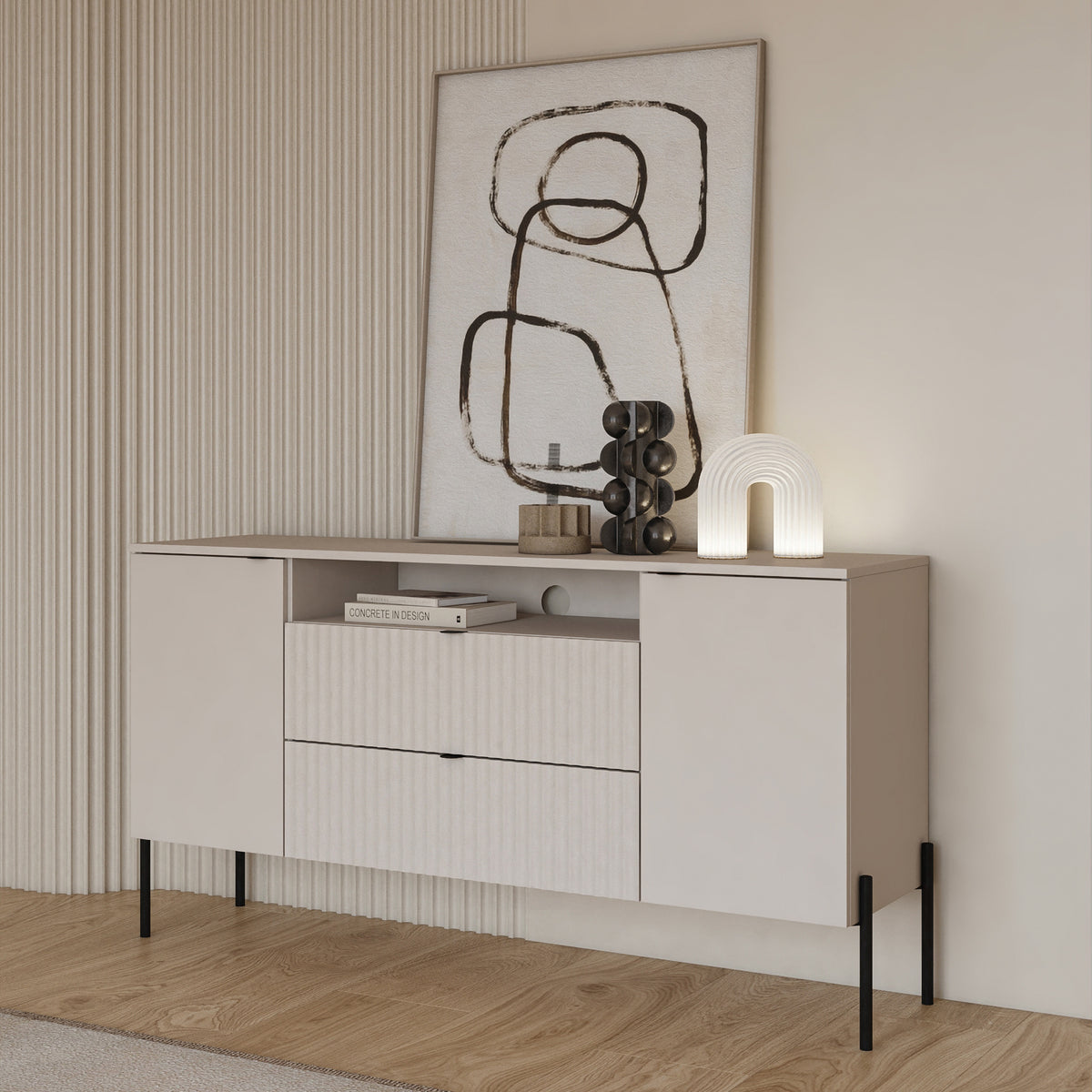 Commode deux portes Ore avec deux tiroirs 140 cm cachemire à façade rainurée