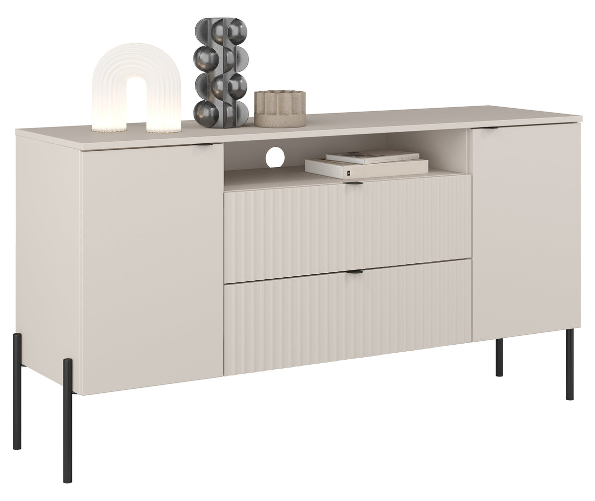 Commode deux portes Ore avec deux tiroirs 140 cm cachemire à façade rainurée