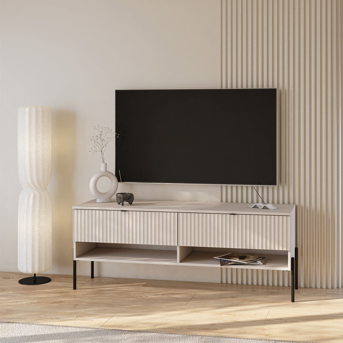TV-Schrank Ore mit zwei Schubladen, 140 cm, Kaschmirfarben mit geriffelter Front