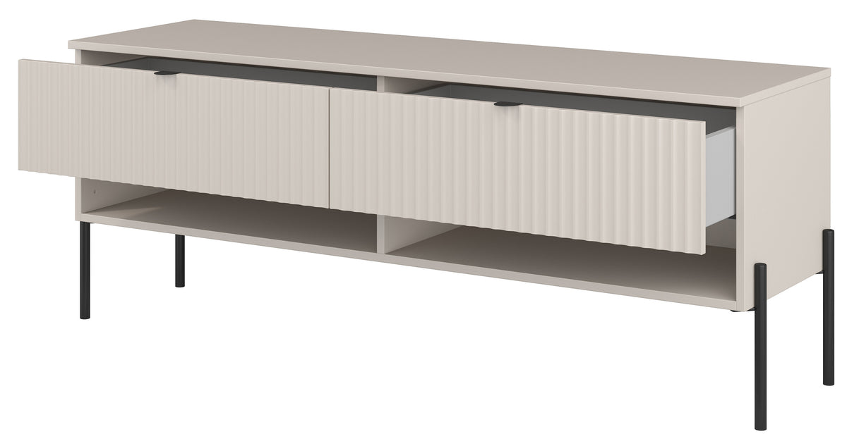 TV-Schrank Ore mit zwei Schubladen, 140 cm, Kaschmirfarben mit geriffelter Front