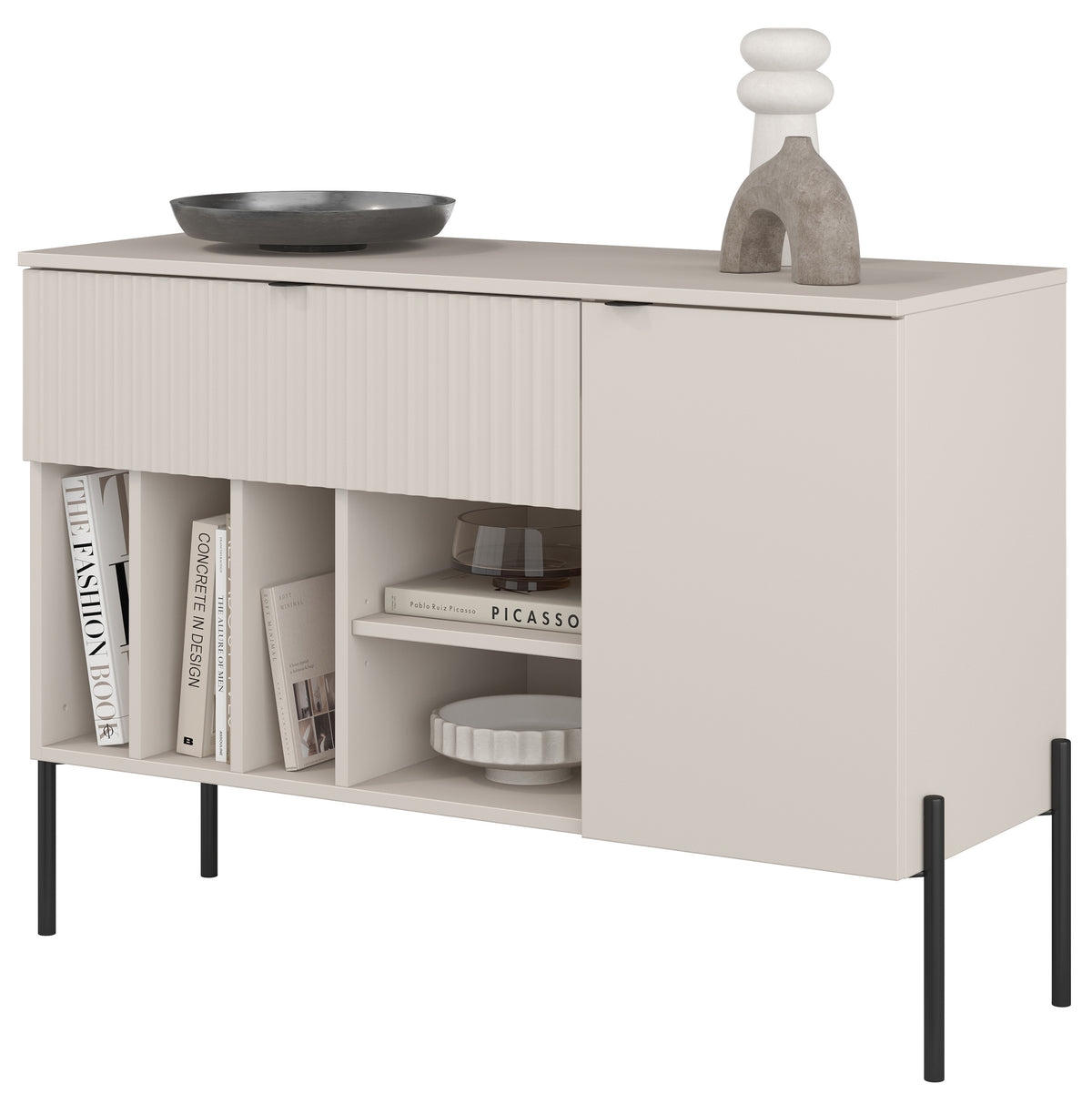 Einflügelige Kommode Ore mit Schublade, 105 cm, Kaschmirfarbe mit geriffelter Front