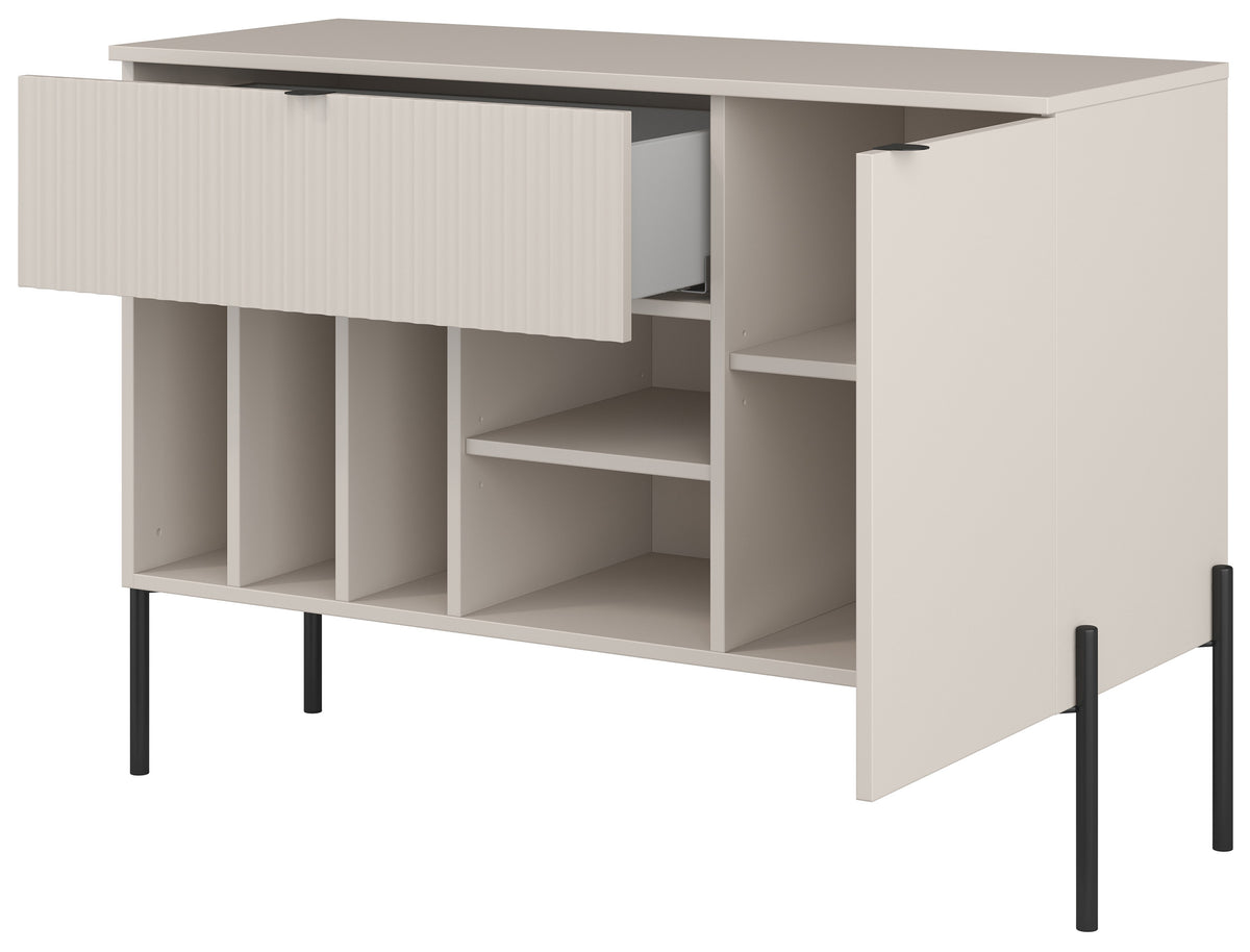 Einflügelige Kommode Ore mit Schublade, 105 cm, Kaschmirfarbe mit geriffelter Front
