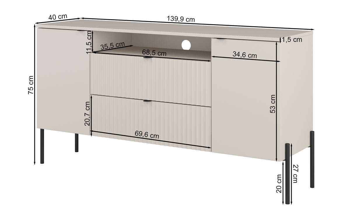 Zweiturige Kommode Ore mit zwei Schubladen, 140 cm, Lindberg-Eiche/Kaschmir
