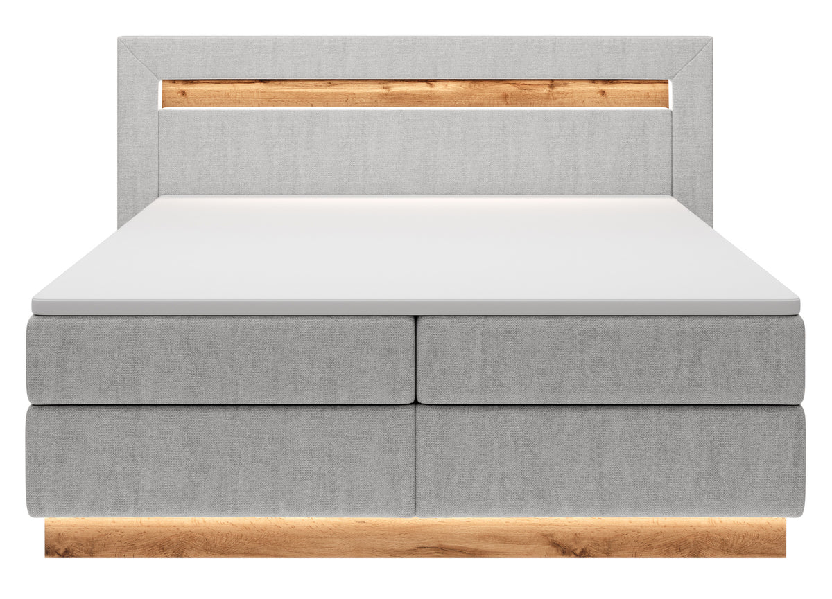 Kontinentales Bett Oski 140x200 cm mit Topper und Beleuchtung, hellgrauer Samt