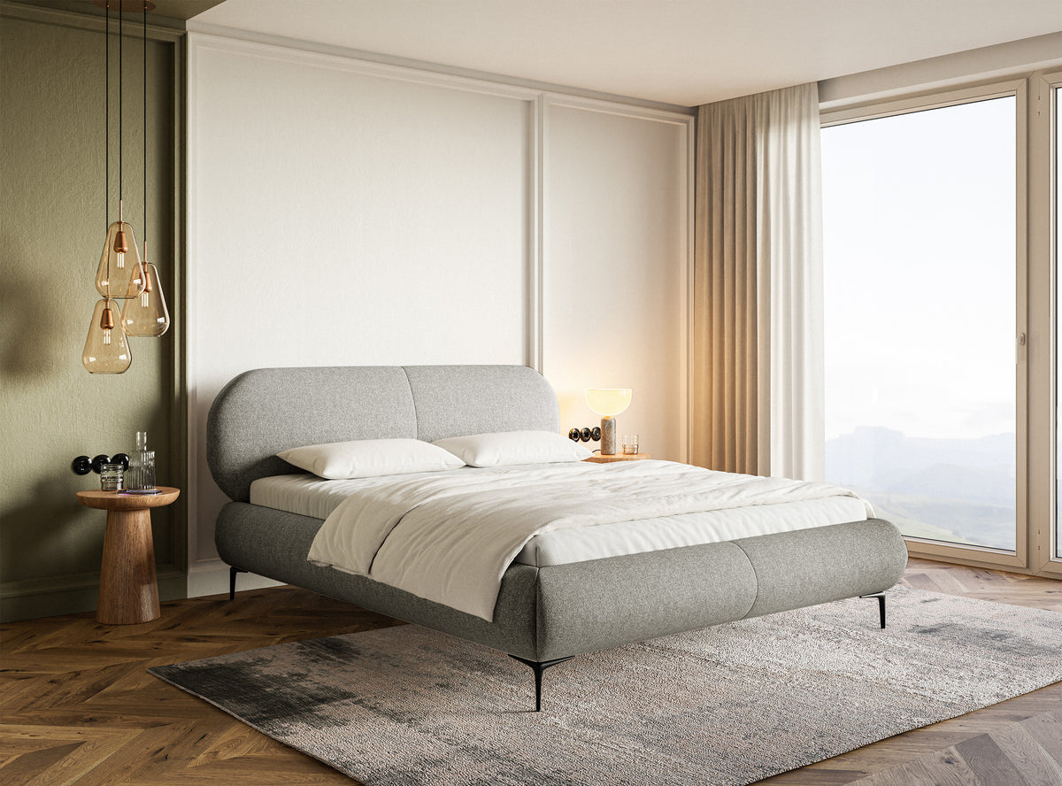 Gepolstertes Bett 140x200 cm Ovalle mit Stauraum, Metallrahmen, graues, wasserabweisendes Geflecht, schwarze Beine