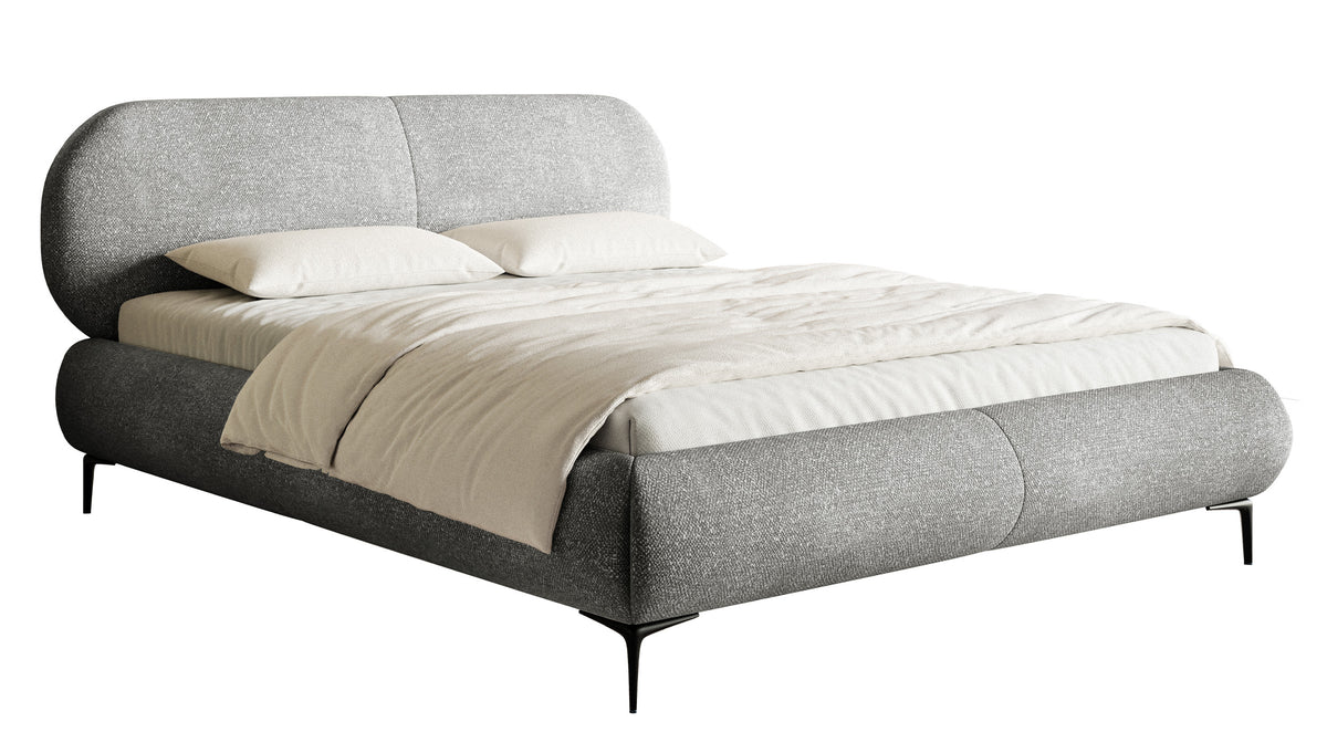 Gepolstertes Bett 160x200 cm Ovalle mit Stauraum, Metallrahmen, grauer Chenille, schwarze Beine