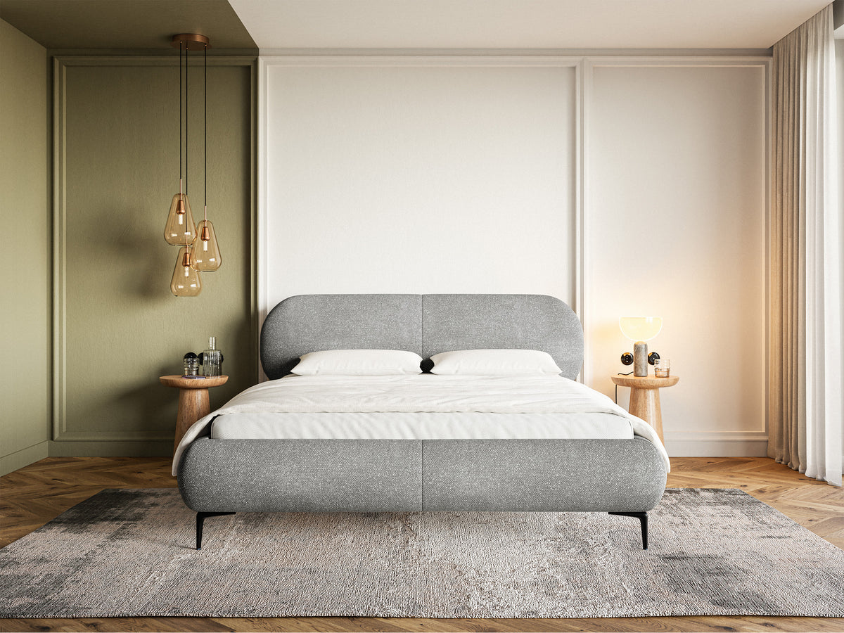 Gepolstertes Bett 160x200 cm Ovalle mit Stauraum, Metallrahmen, grauer Chenille, schwarze Beine