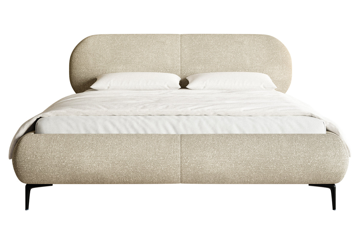 Lit tapissé 140x200 cm Ovalle avec rangement, sommier métallique, tissu chenille beige hydrofuge, pieds noirs