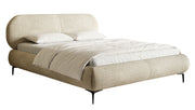 Lit tapissé 140x200 cm Ovalle avec rangement, sommier métallique, tissu chenille beige hydrofuge, pieds noirs