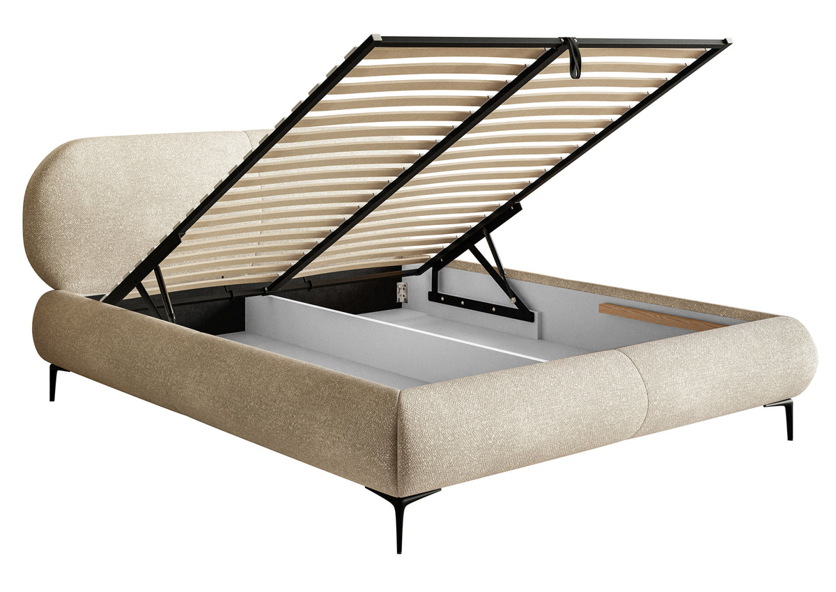 Lit tapissé 140x200 cm Ovalle avec rangement, sommier métallique, tissu chenille beige hydrofuge, pieds noirs