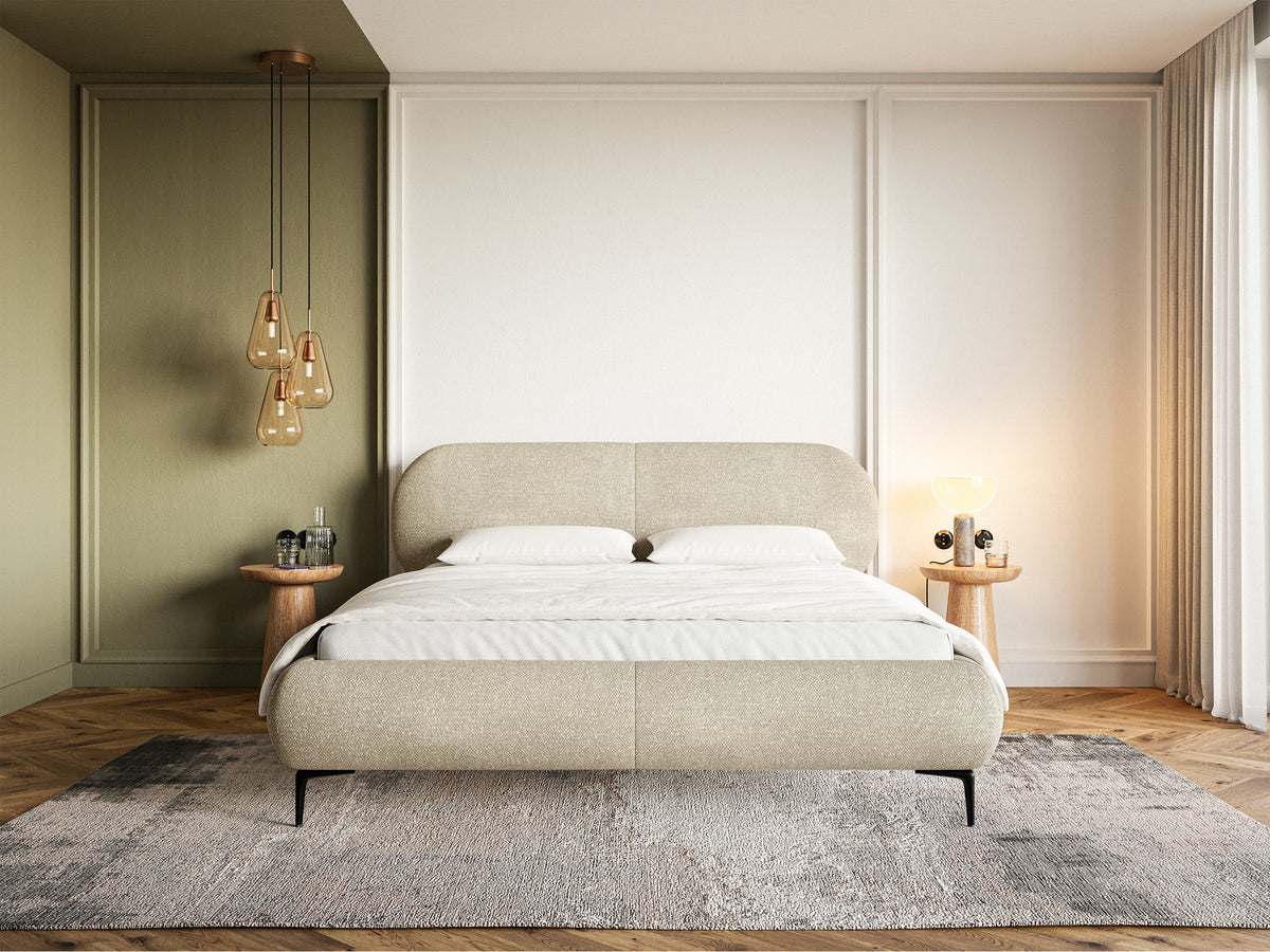 Lit tapissé 140x200 cm Ovalle avec rangement, sommier métallique, tissu chenille beige hydrofuge, pieds noirs