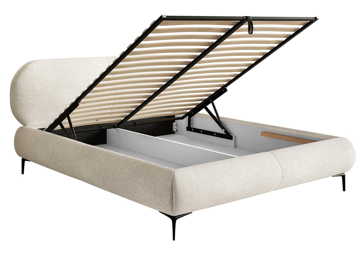 Lit tapissé 180x200 cm Ovalle avec rangement, cadre métallique, velours chenille crème, pieds noirs