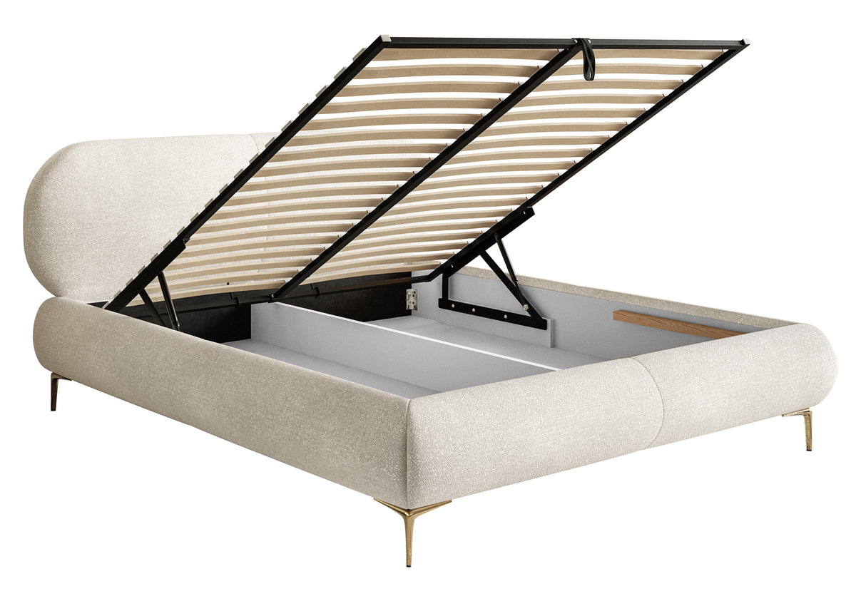 Lit tapissé 160x200 cm Ovalle avec rangement, cadre métallique, tissu chenille crème, pieds noirs