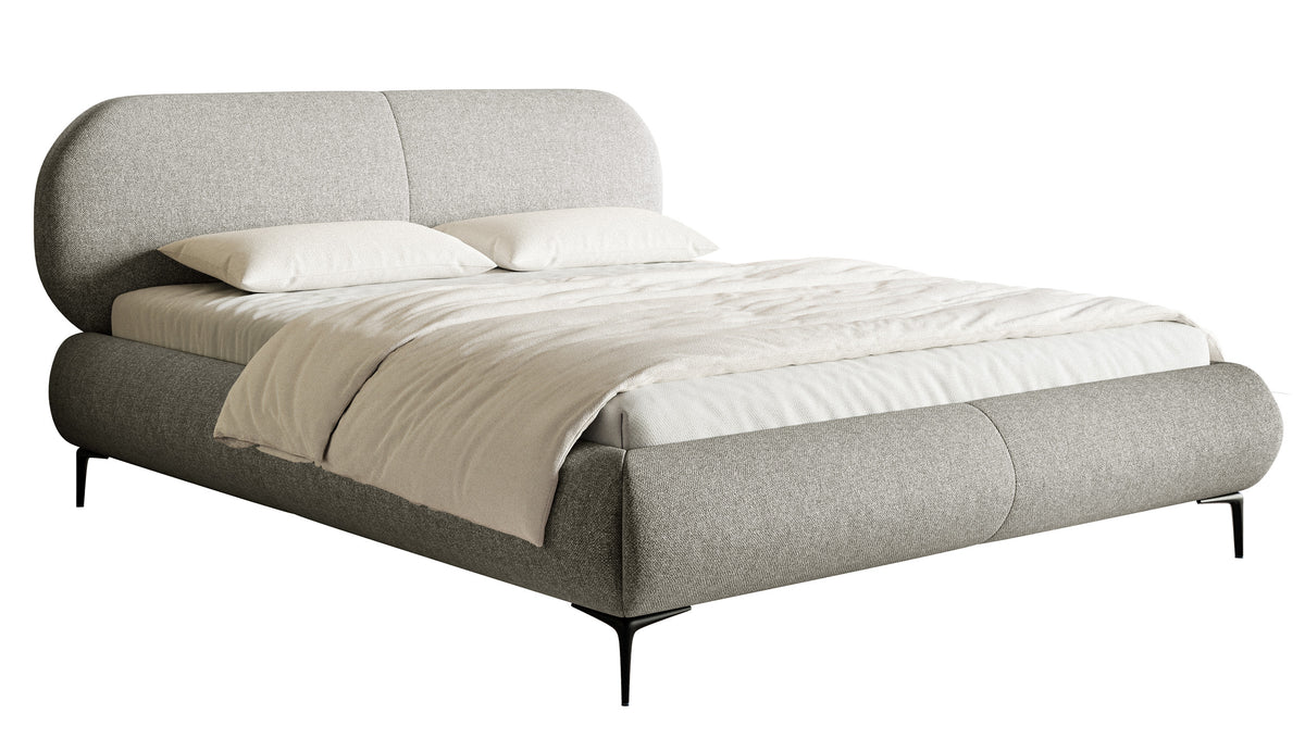 Gepolstertes Bett 140x200 cm Ovalle mit Stauraum, Metallrahmen, graues, wasserabweisendes Geflecht, schwarze Beine