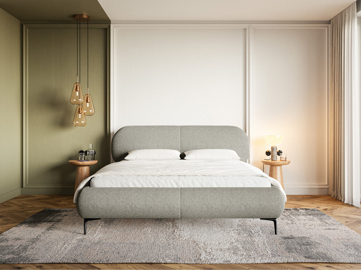 Gepolstertes Bett 140x200 cm Ovalle mit Stauraum, Metallrahmen, graues, wasserabweisendes Geflecht, schwarze Beine
