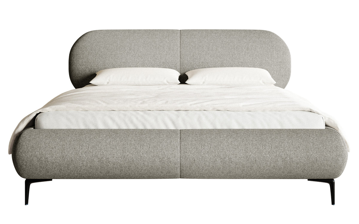 Gepolstertes Bett 140x200 cm Ovalle mit Stauraum, Metallrahmen, graues, wasserabweisendes Geflecht, schwarze Beine