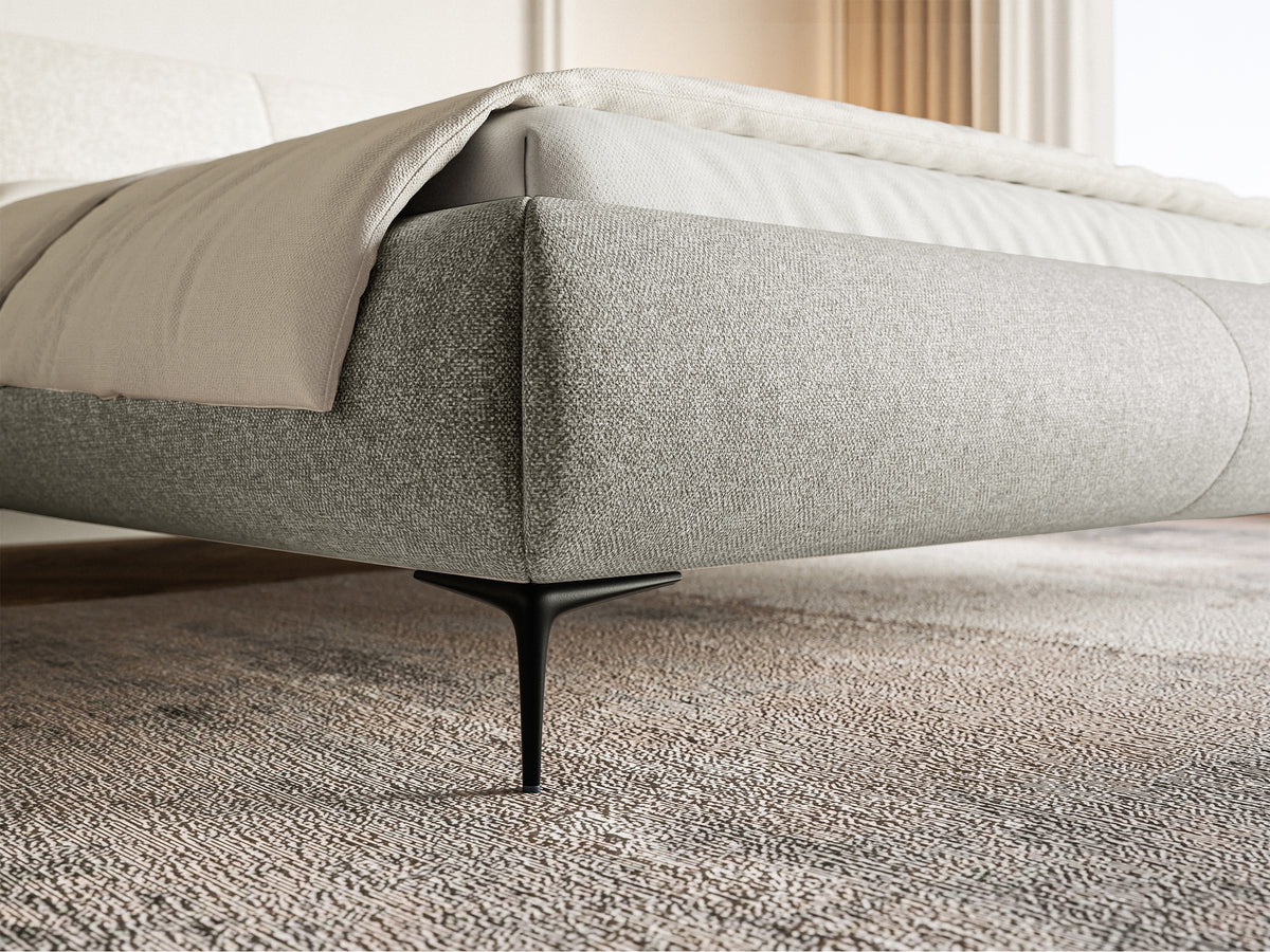 Gepolstertes Bett 140x200 cm Ovalle mit Stauraum, Metallrahmen, graues, wasserabweisendes Geflecht, schwarze Beine