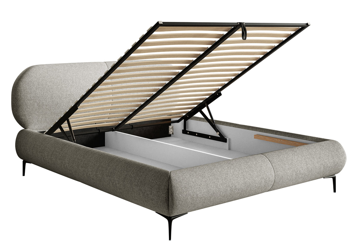 Gepolstertes Bett 140x200 cm Ovalle mit Stauraum, Metallrahmen, graues, wasserabweisendes Geflecht, schwarze Beine