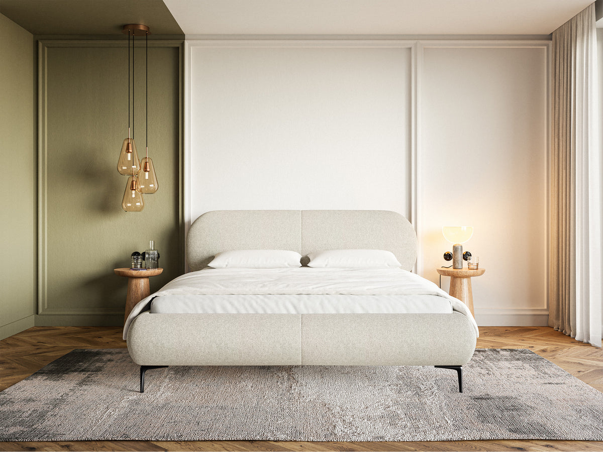 Polsterbett 180x200 cm Ovalle mit Stauraum, Metallrahmen, hellbeige, wasserabweisendes Geflecht, schwarze Beine