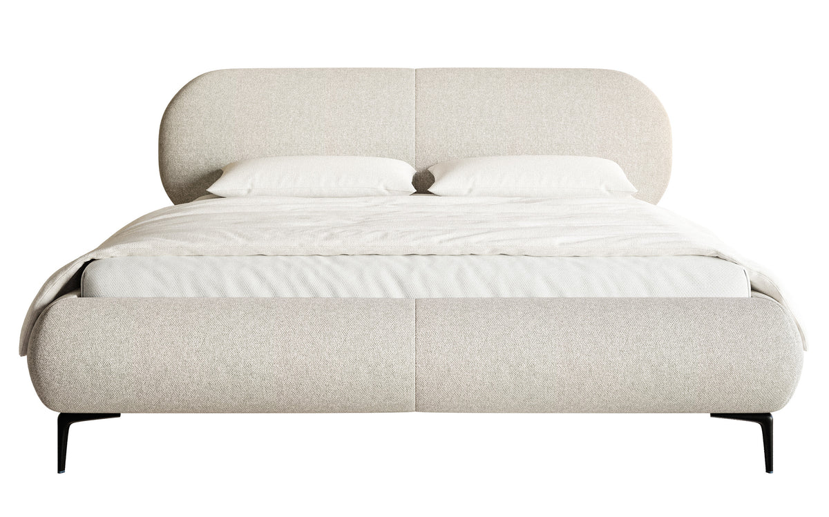 Gepolstertes Bett 160x200 cm Ovalle hellbeige, wasserabweisendes Geflecht, schwarze Beine