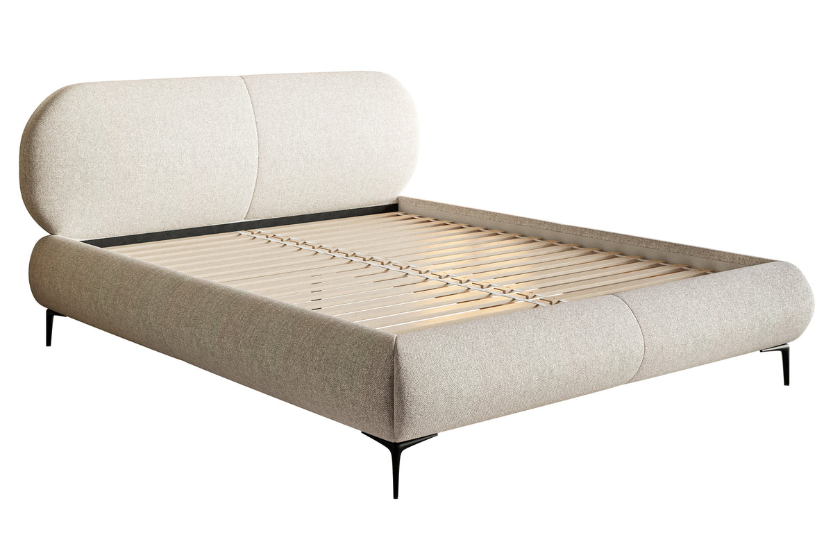 Gepolstertes Bett 160x200 cm Ovalle hellbeige, wasserabweisendes Geflecht, schwarze Beine