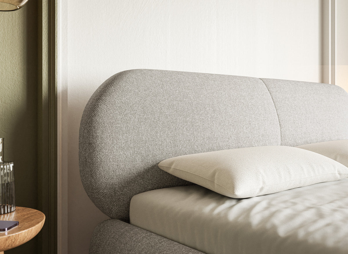 Gepolstertes Bett 160x200 cm Ovalle in grau-beige, wasserabweisendes Geflecht, schwarze Beine