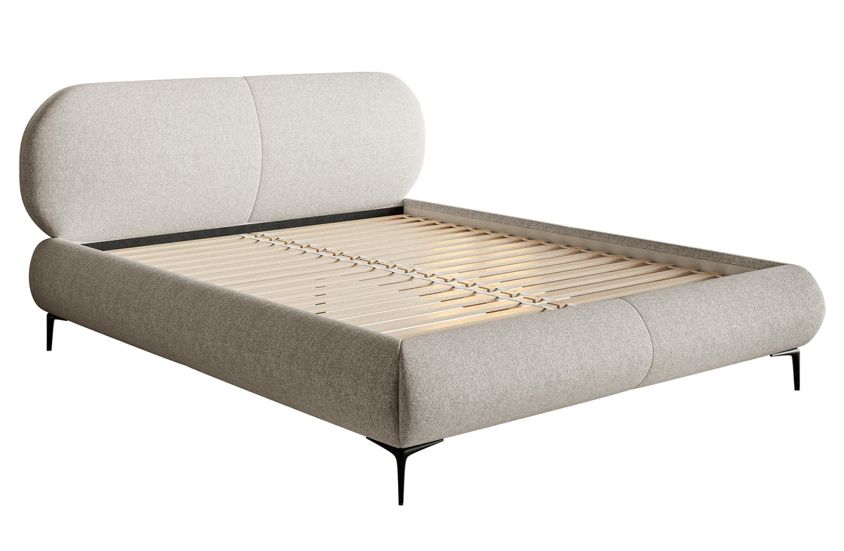 Gepolstertes Bett 160x200 cm Ovalle in grau-beige, wasserabweisendes Geflecht, schwarze Beine