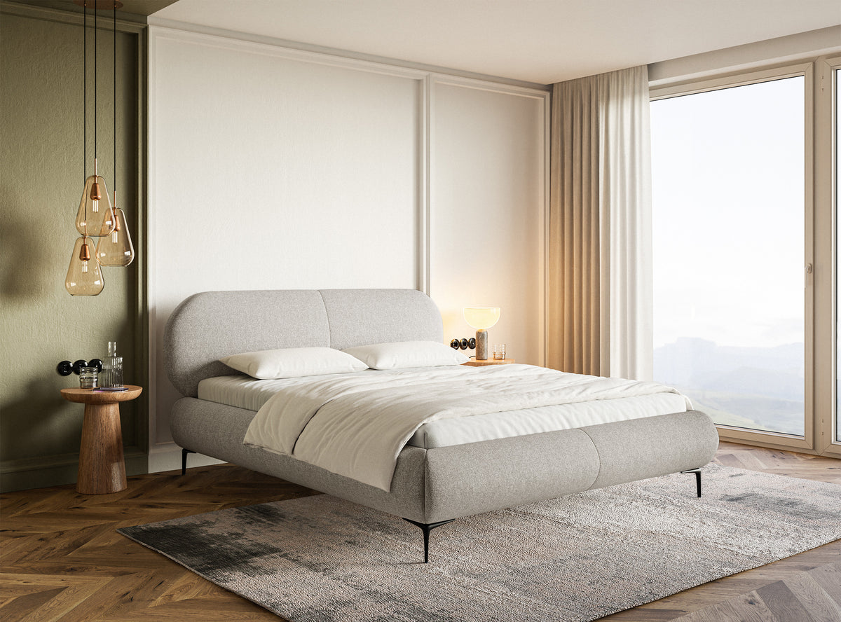 Gepolstertes Bett 160x200 cm Ovalle in grau-beige, wasserabweisendes Geflecht, schwarze Beine