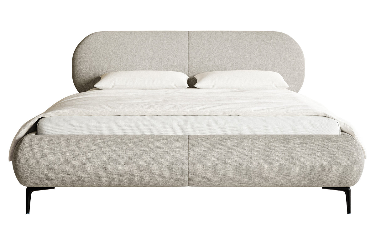 Gepolstertes Bett 160x200 cm Ovalle in grau-beige, wasserabweisendes Geflecht, schwarze Beine
