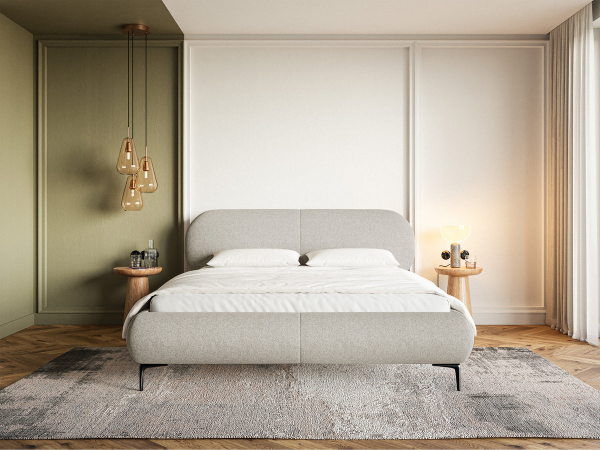 Gepolstertes Bett 160x200 cm Ovalle in grau-beige, wasserabweisendes Geflecht, schwarze Beine