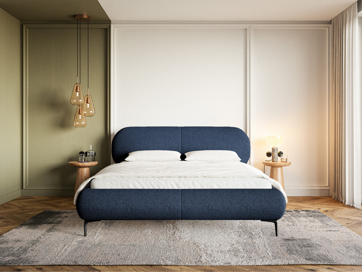 Lit tapissé 140x200 cm Ovalle avec rangement, sommier métallique, tissage hydrofuge bleu marine, pieds noirs