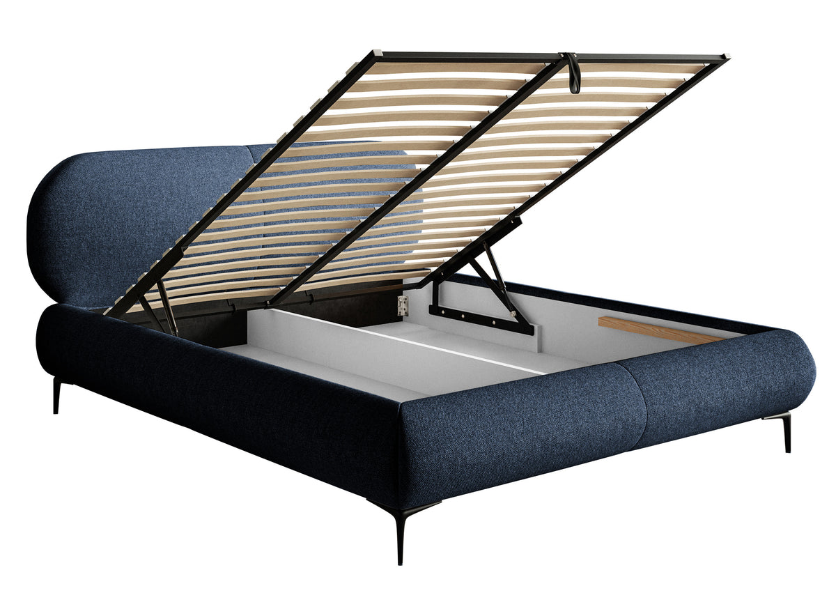 Lit tapissé 140x200 cm Ovalle avec rangement, sommier métallique, tissage hydrofuge bleu marine, pieds noirs