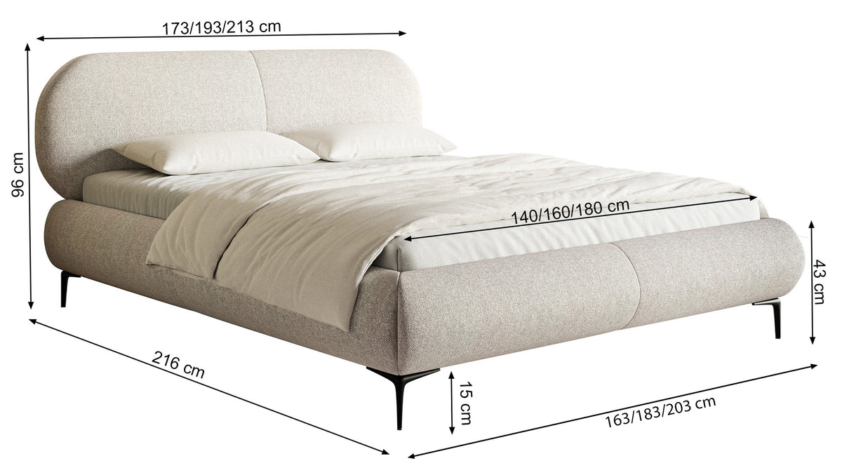Lit tapissé 180x200 cm Ovalle crème en chenille pieds noirs