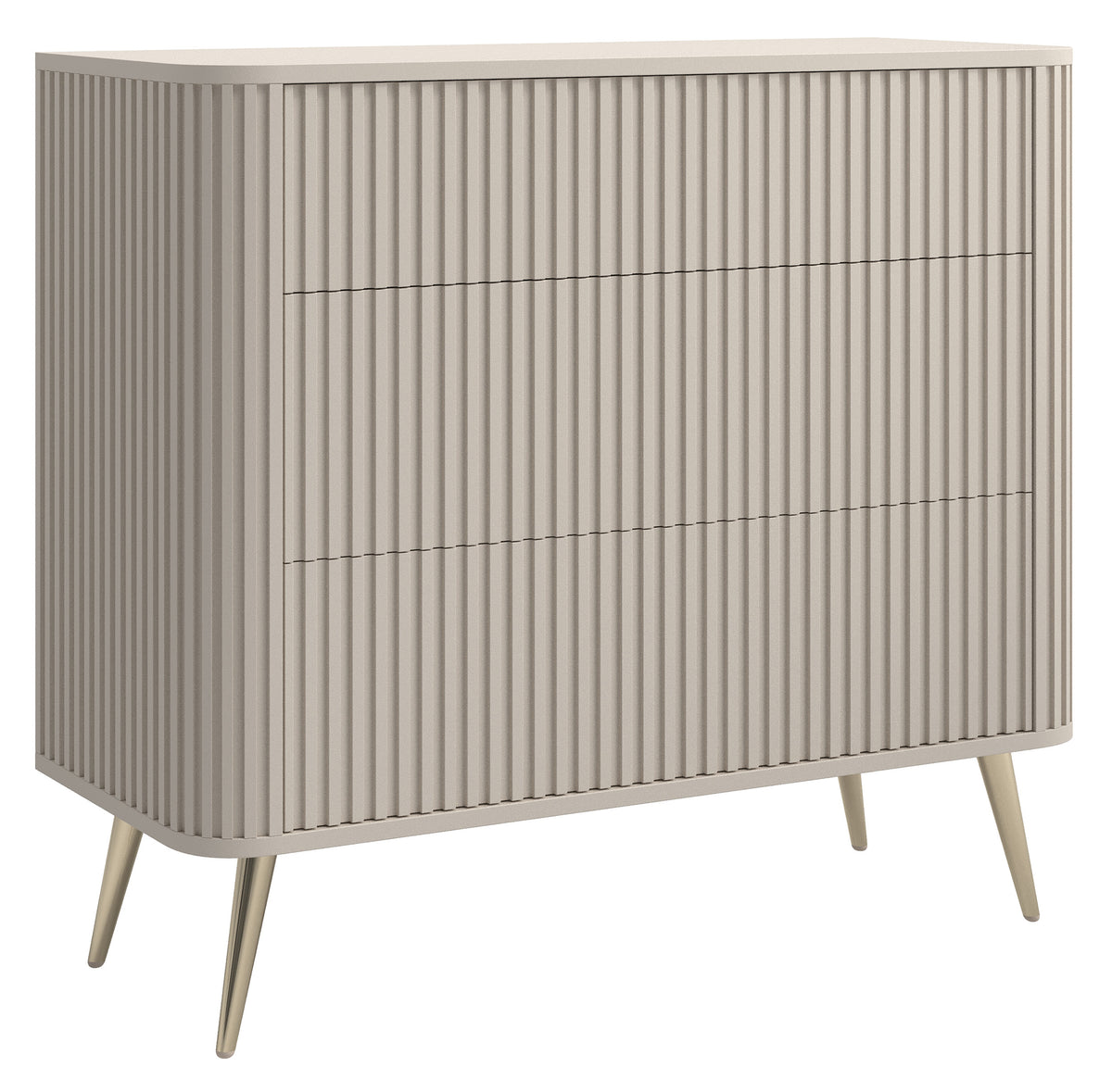 Commode Ovarlo avec rainures et trois tiroirs 93 cm beige sable avec pieds dorés