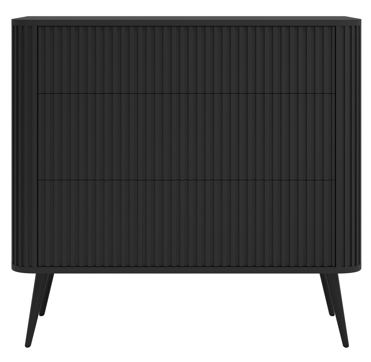 Kommode Ovarlo mit Fräsungen und drei Schubladen, 93 cm, schwarz mit schwarzen Beinen