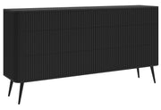 Kommode Ovarlo mit Fräsungen und sechs Schubladen, 168 cm, schwarz mit schwarzen Beinen