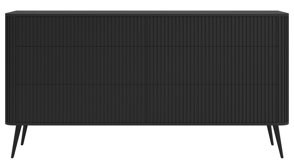 Kommode Ovarlo mit Fräsungen und sechs Schubladen, 168 cm, schwarz mit schwarzen Beinen